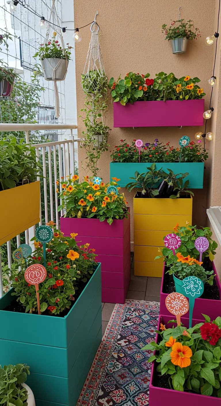Balcon avec jardinières colorées fuchsia, turquoise et jaune, et lampions.