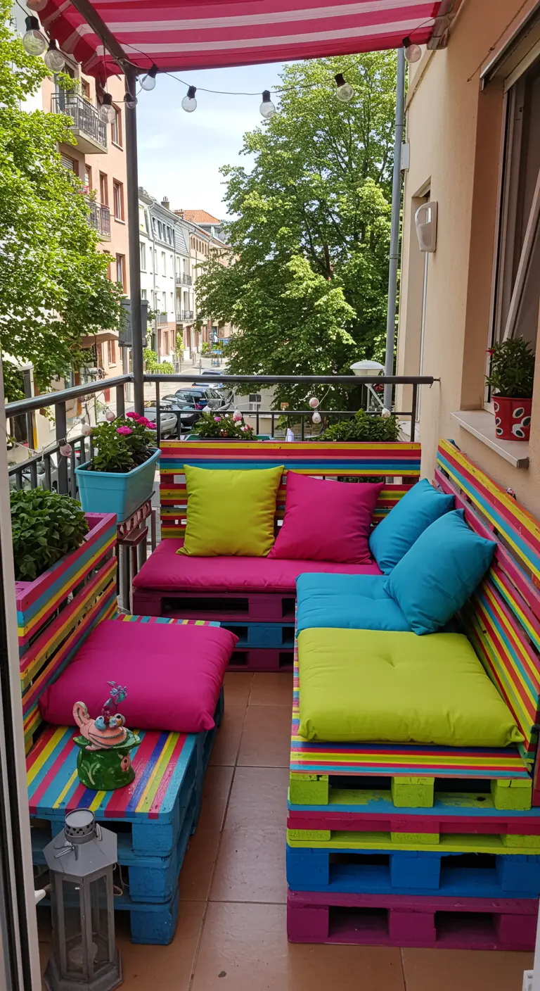 Petit balcon avec salon palettes rayées multicolores, coussins fuchsia/vert/turquoise.