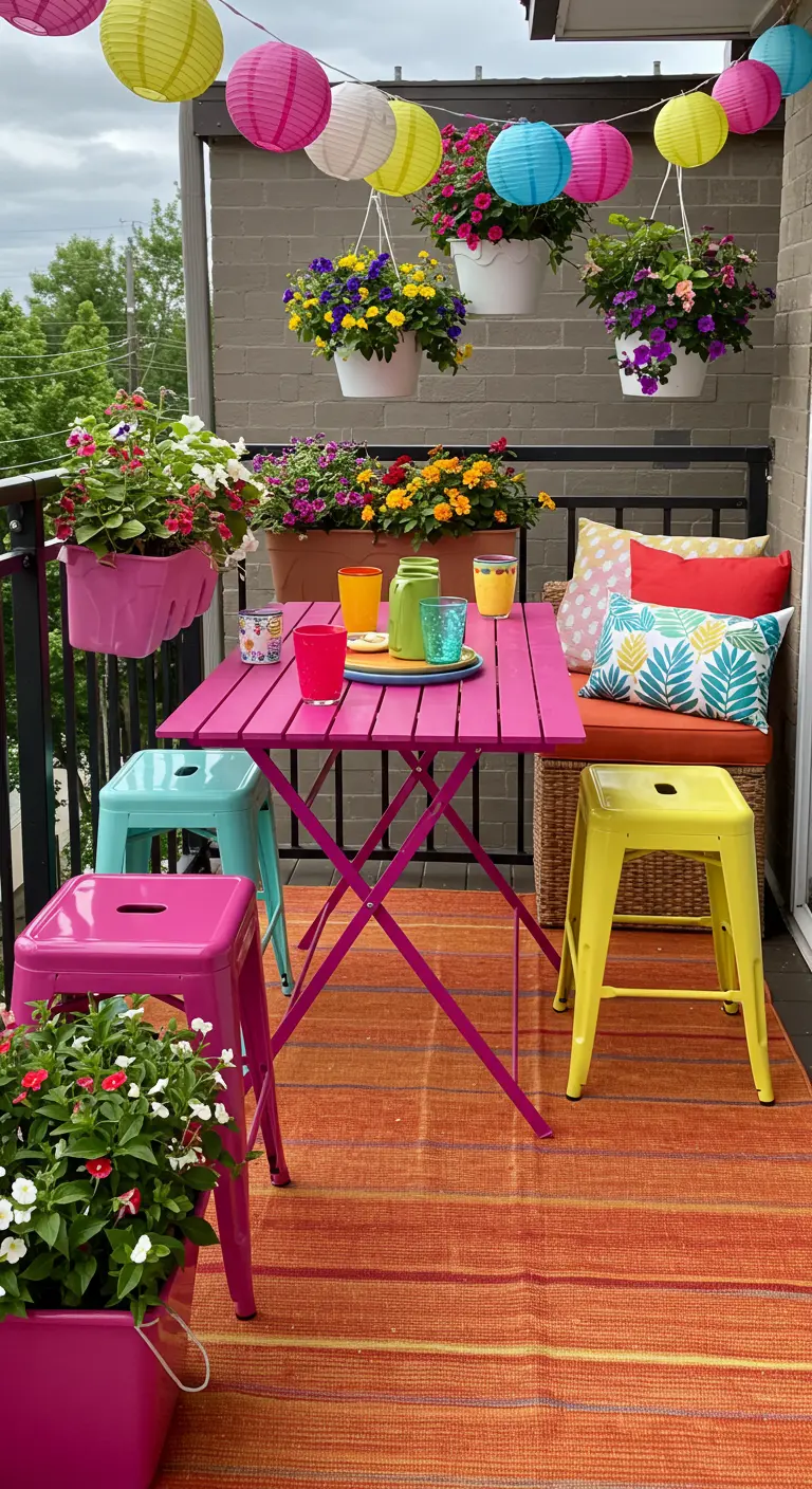 Balcon très coloré avec mobilier fuchsia, tabourets vifs, lampions, et jardinières fleuries.