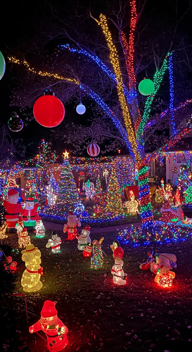 Jardin surchargé de décorations de Noël multicolores, lumières, personnages gonflables et grosses boules.