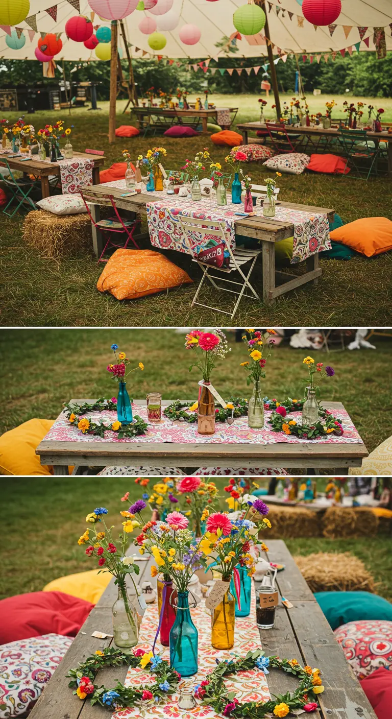 Tables de mariage bohèmes avec couronnes de fleurs colorées, bouteilles vintage et coussins au sol.