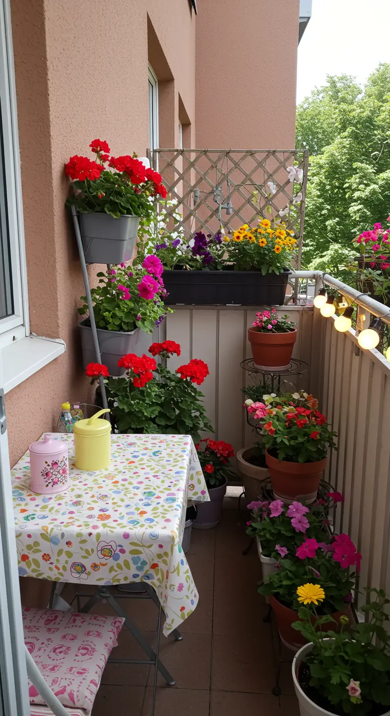 Balcon fleuri avec géraniums et pétunias sur étagères et jardinières murales, table et chaises.