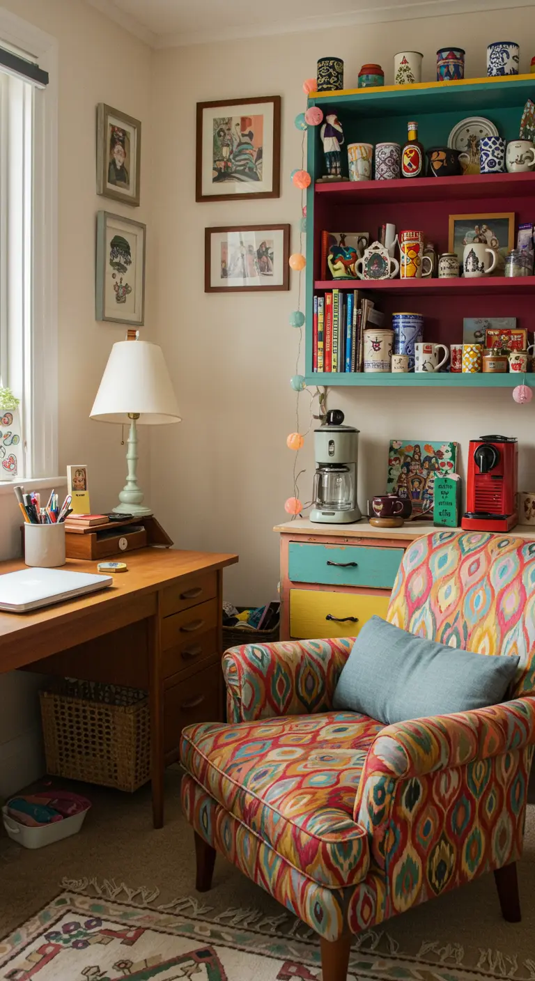 Bureau éclectique et coloré avec fauteuil aux motifs vifs, étagères colorées et cadres muraux.