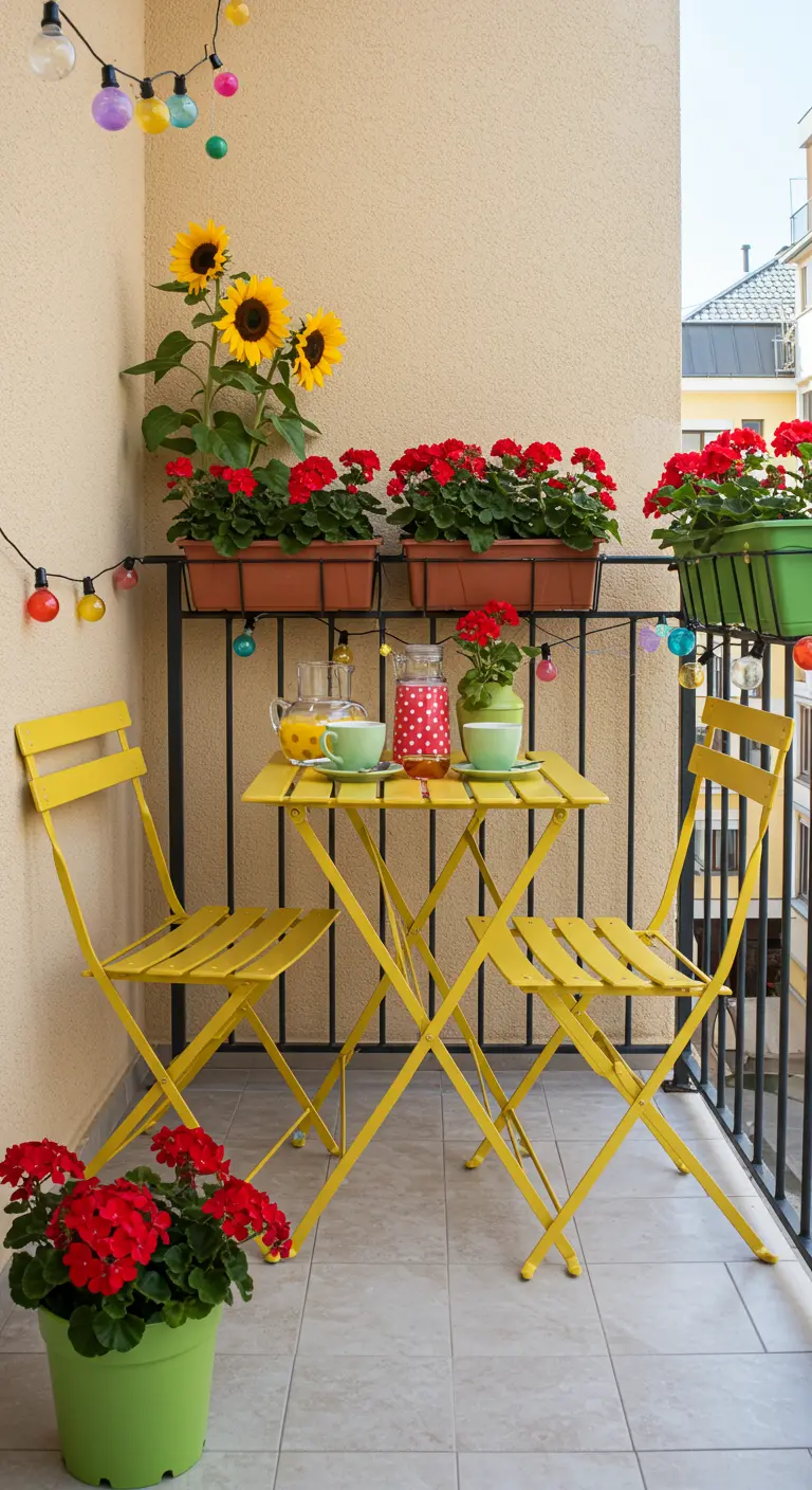 Balcon coloré avec mobilier jaune, géraniums rouges, tournesols et guirlande lumineuse.