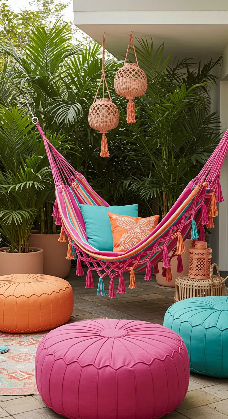 Hamac rayé multicolore, poufs vifs, palmiers, suspensions en rotin.