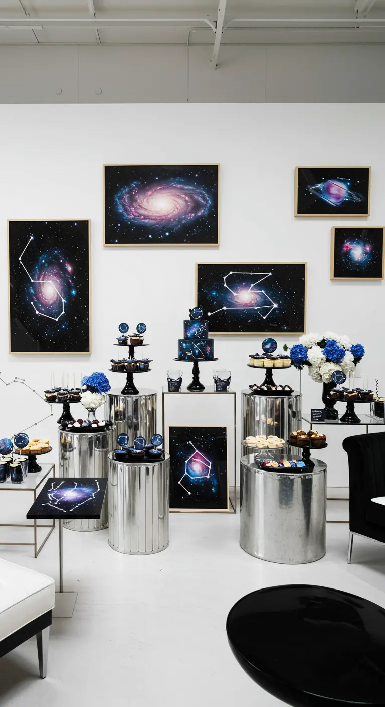 Buffet de desserts élégant avec cadres d'art galactique, présentoirs métalliques et fleurs bleues/blanches.