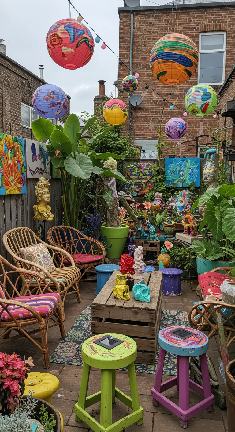 Patio exubérant avec mobilier en rotin, coussins colorés, lampions et œuvres d'art murales.