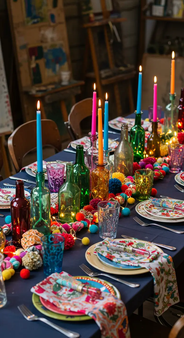 Table bohème avec bouteilles colorées en chandeliers, bougies vives et guirlande de pompons lumineux.