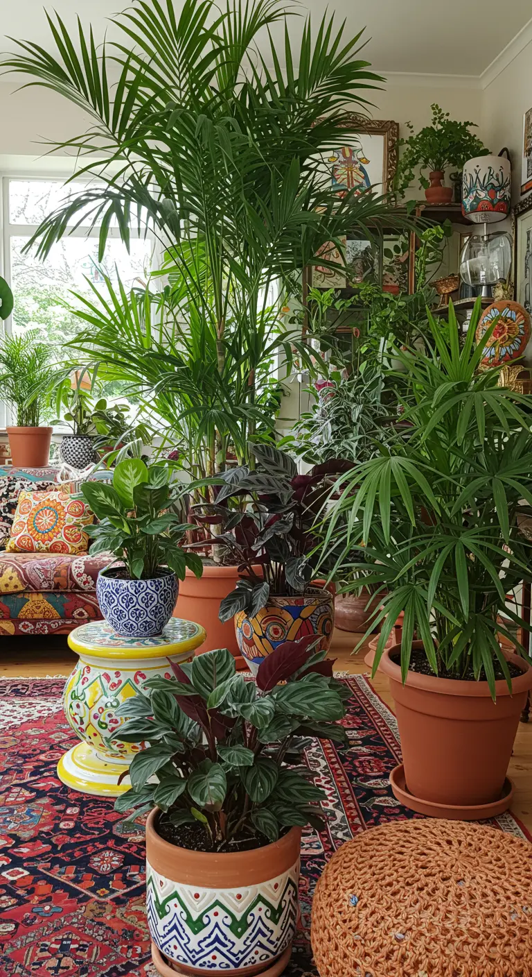Collection dense de plantes tropicales dans des pots variés et colorés.