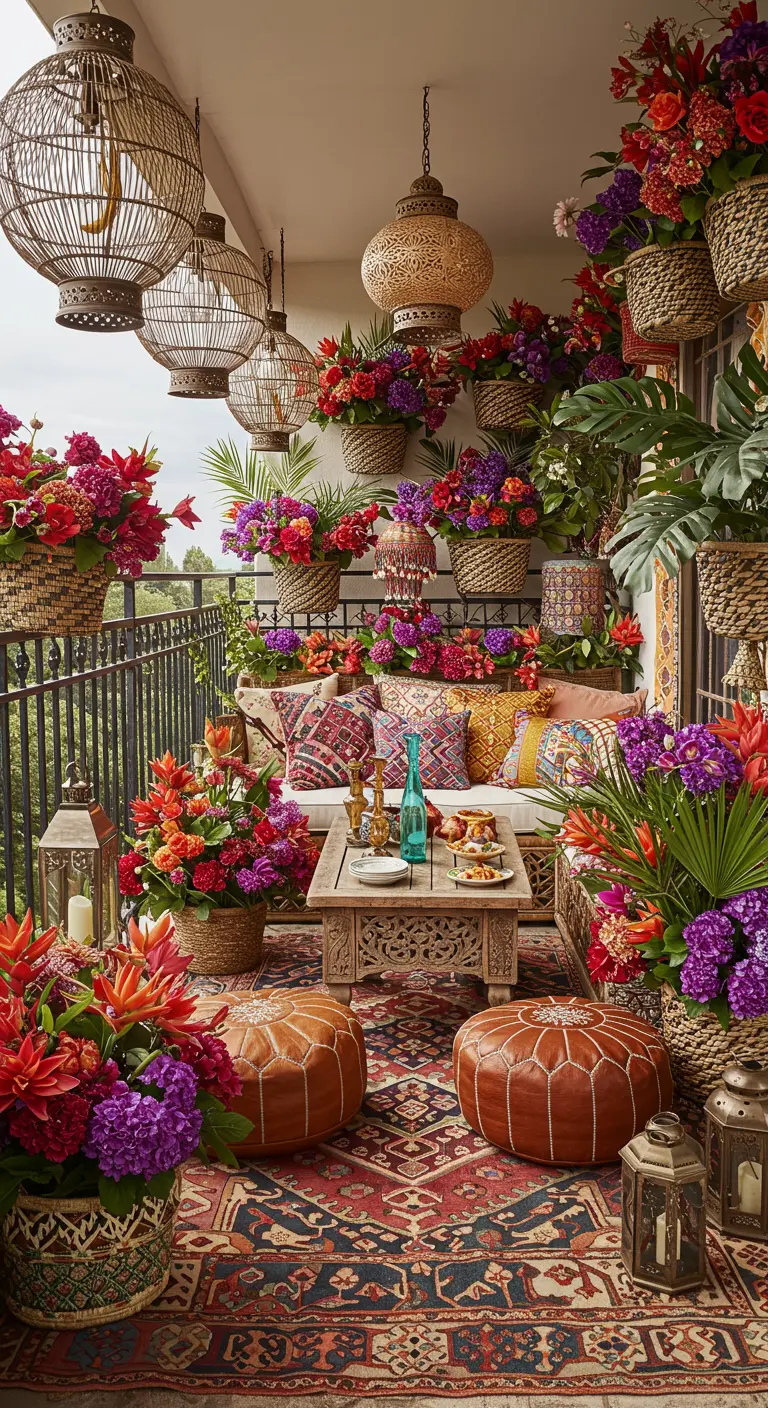 Balcon bohème maximaliste avec paniers suspendus, poufs et tapis colorés.