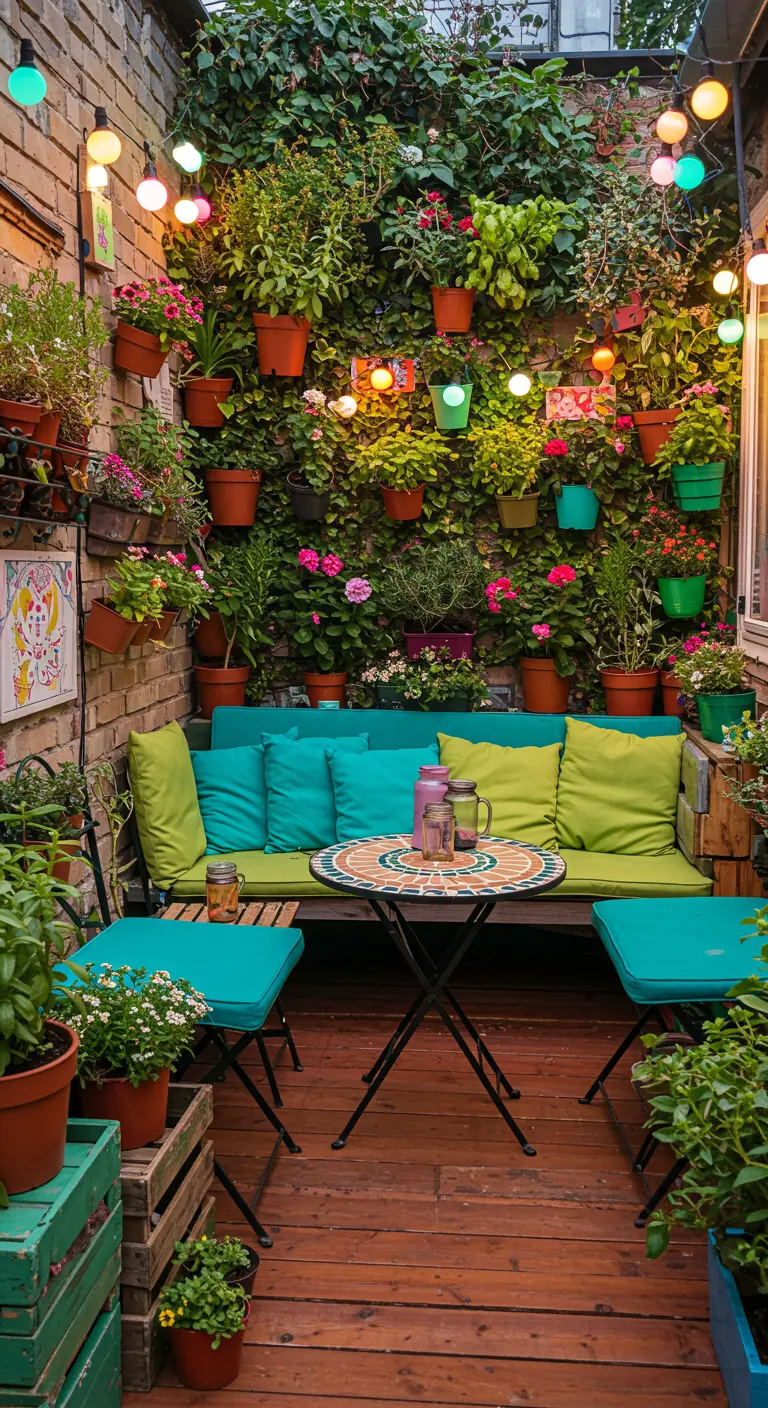 Terrasse vibrante avec mur végétal, pots colorés, coussins turquoise et verts, table en mosaïque.