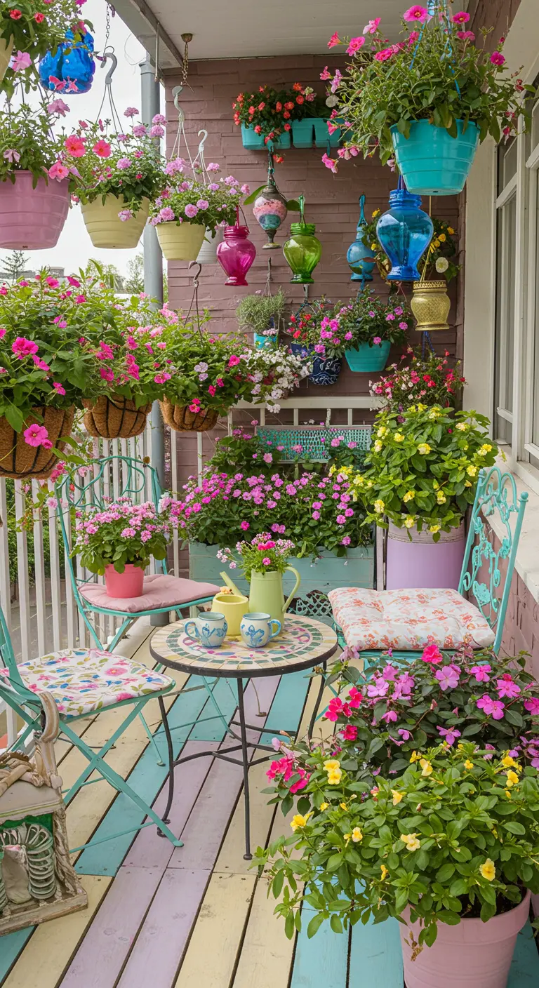 Balcon coloré avec plancher peint, chaises et table bistro pastel, suspensions fleuries.