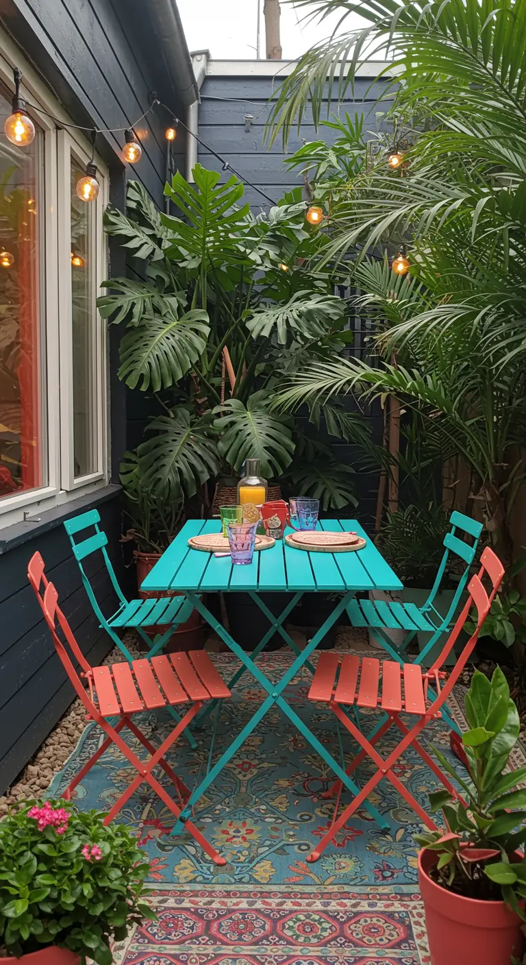 Patio coloré avec table et chaises pliantes turquoise et corail, tapis à motifs, plantes tropicales.