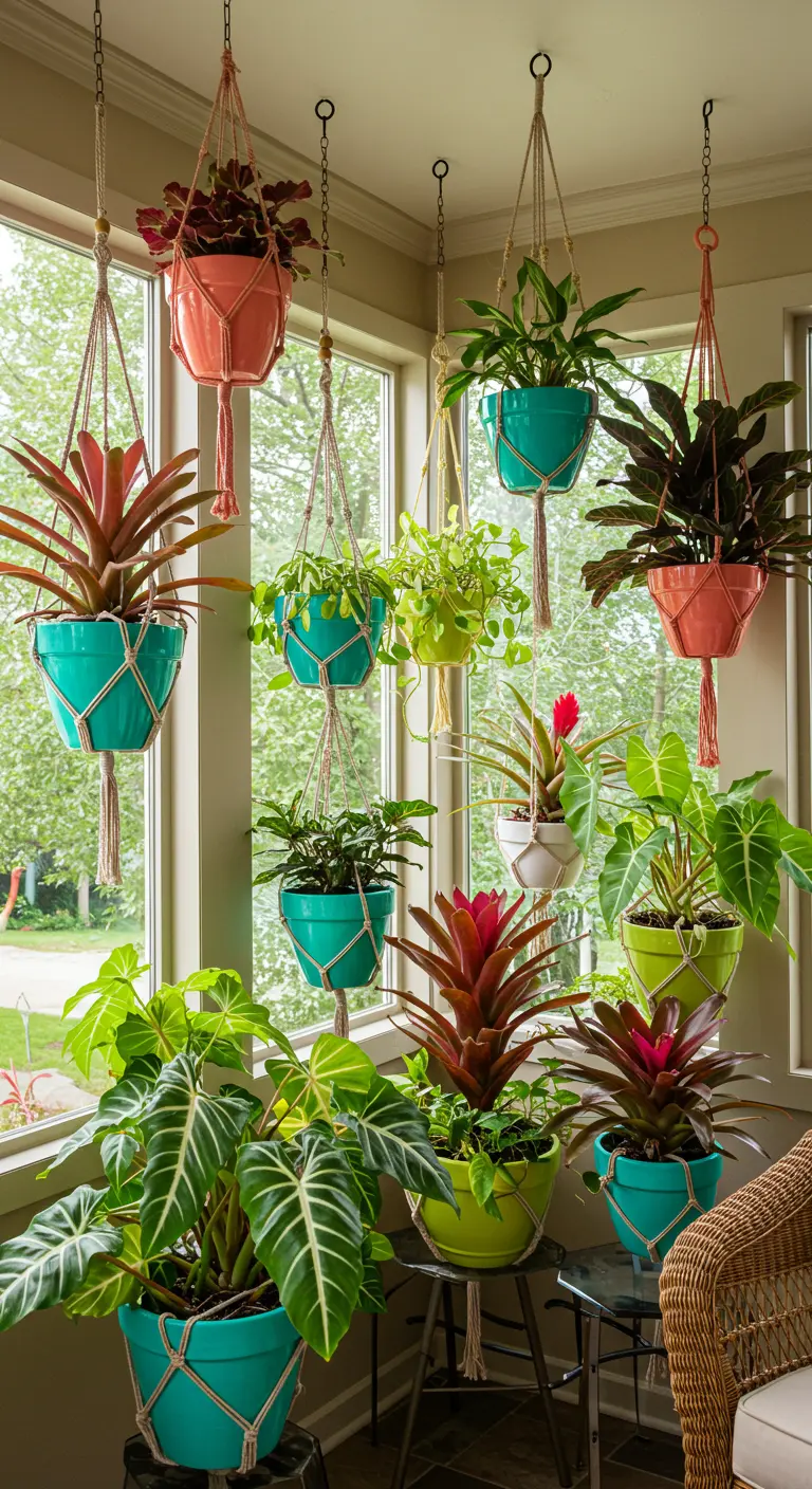 Nombreuses plantes tropicales en pots colorés suspendus et posés, près d'une grande fenêtre.