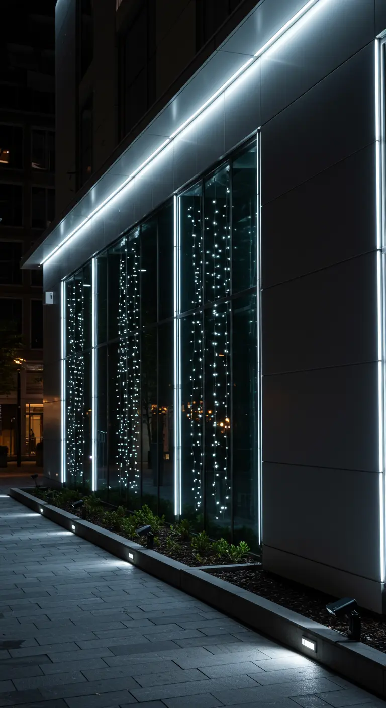 Bâtiment moderne avec bandes LED verticales et horizontales, et spots encastrés.