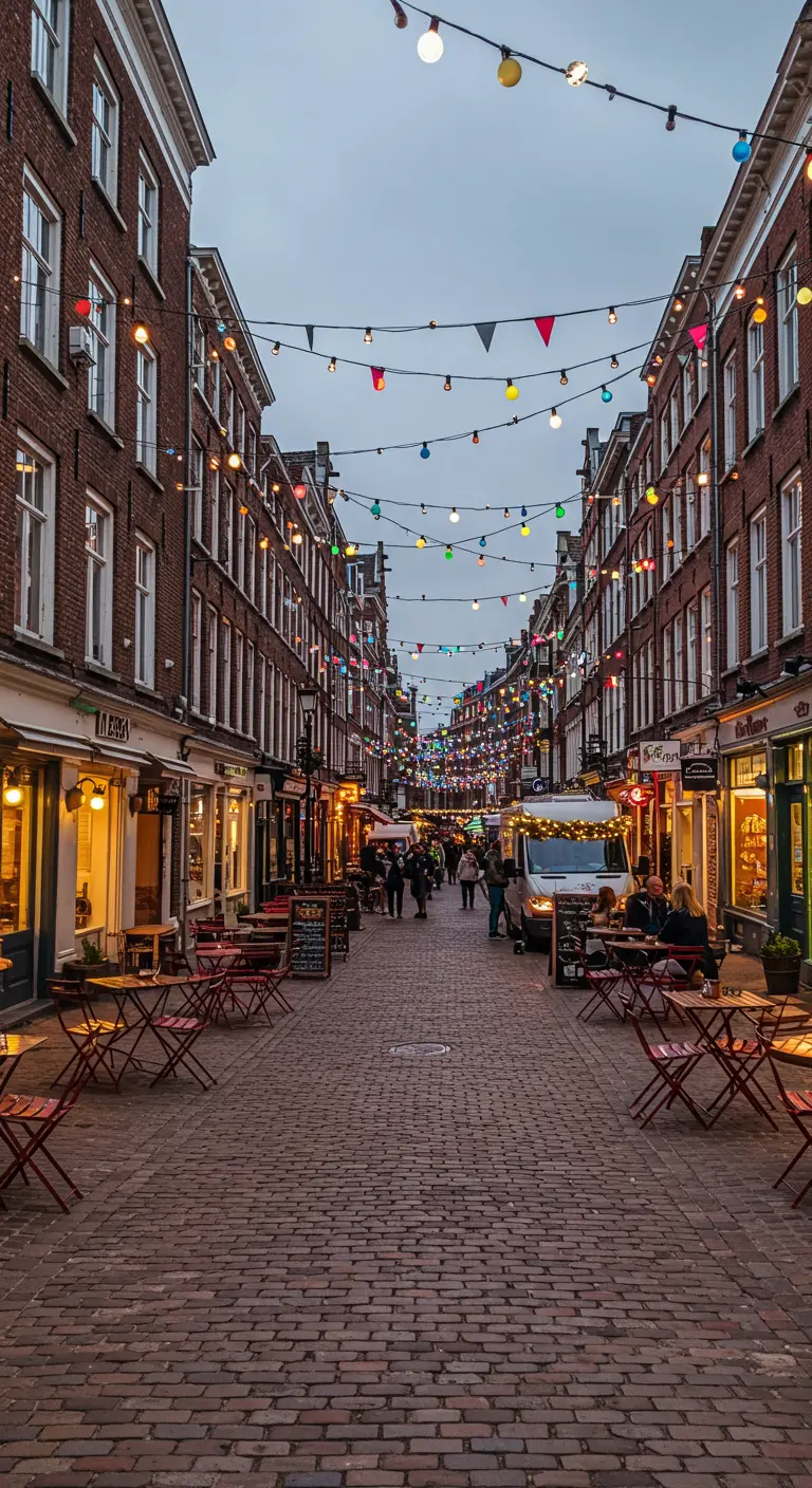 Rue pavée bordée de bâtiments en briques avec des guirlandes de lumières multicolores suspendues entre les façades.