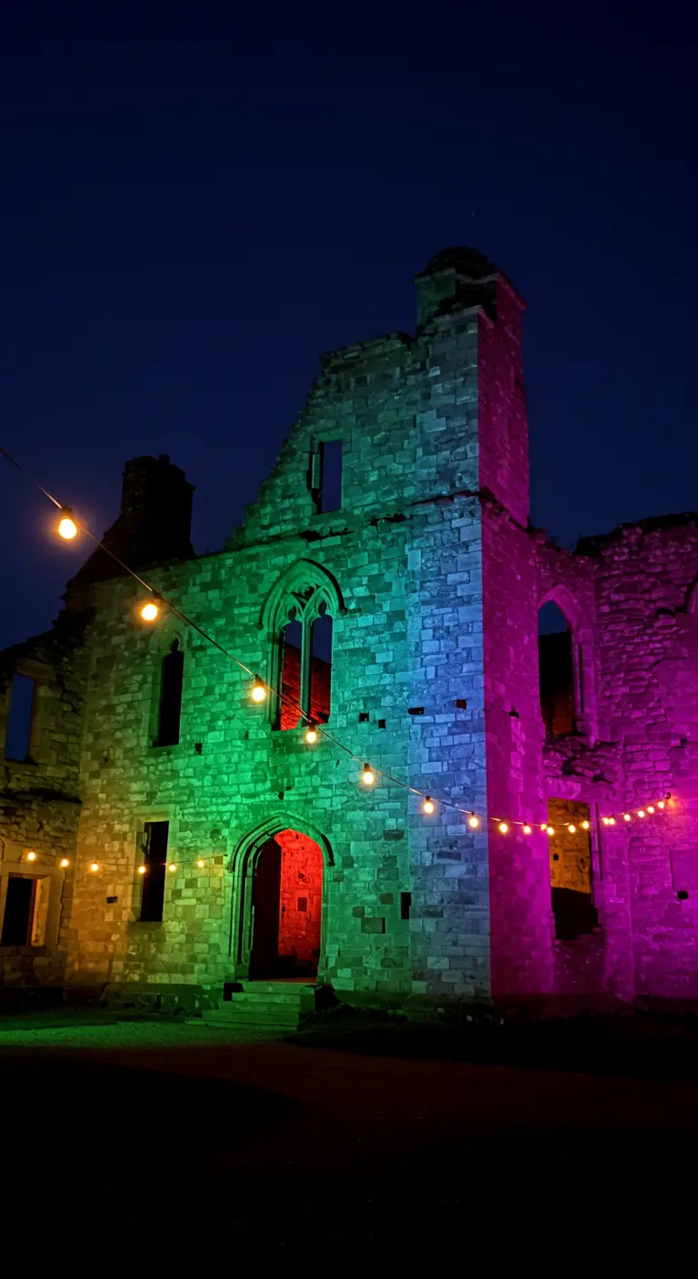 Ruines de château éclairées par des projecteurs LED colorés et des guirlandes.