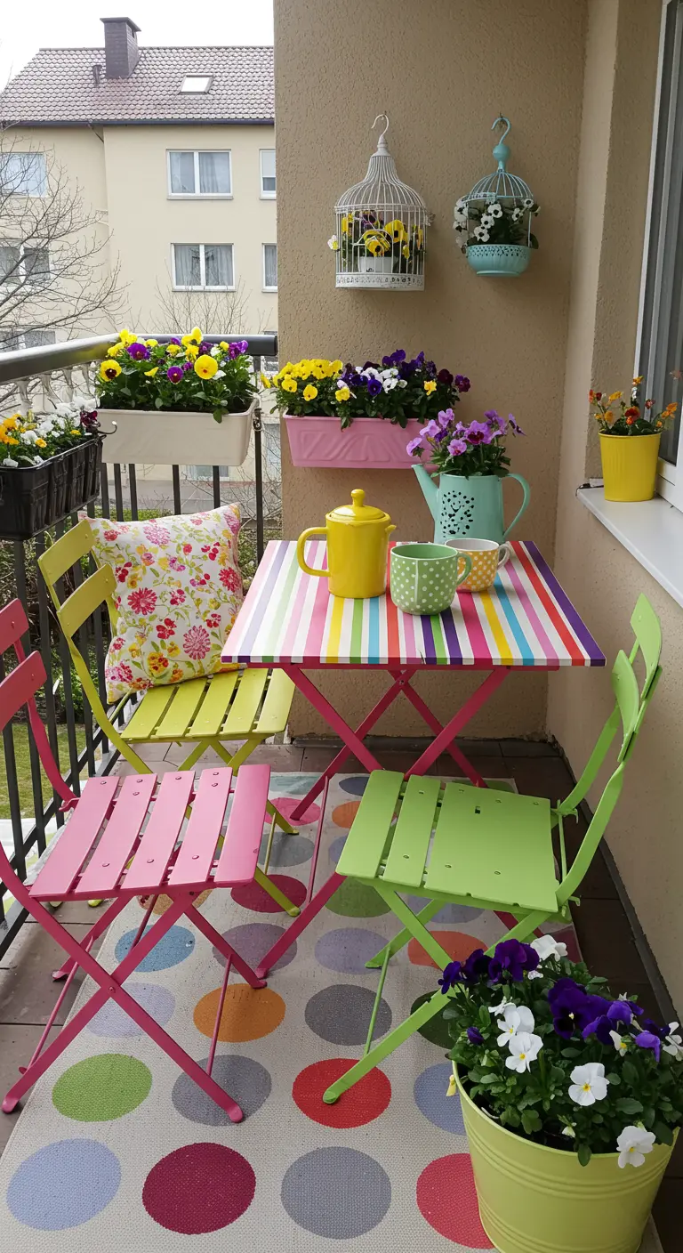 Balcon coloré avec table rayée, chaises vives, tapis à pois et jardinières en cages à oiseaux.