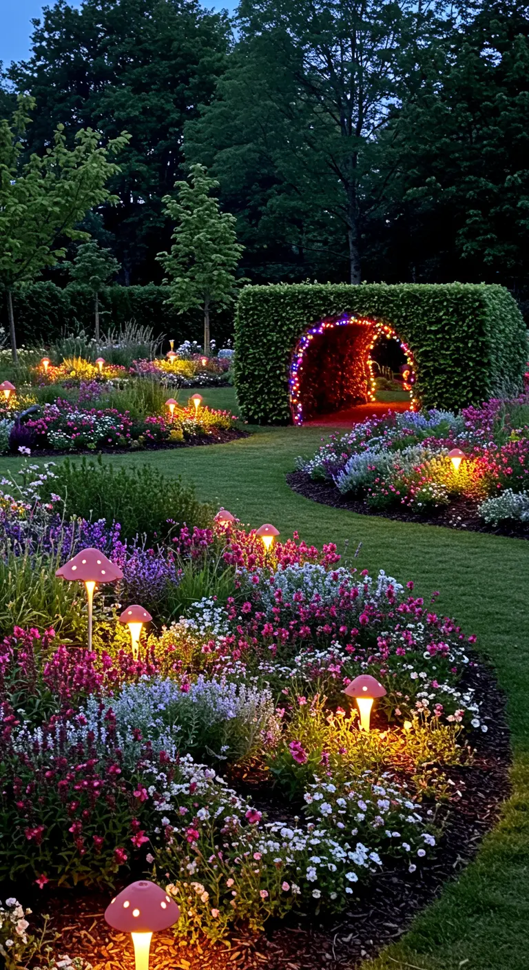 Jardin féerique avec lumières LED en forme de champignons et une arche de haie illuminée.