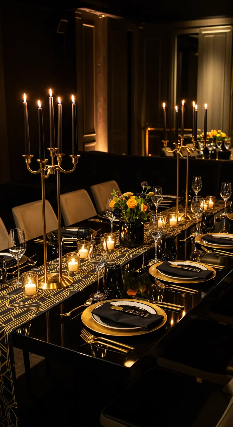 Table de dîner luxueuse Art Déco avec des bougies noires, des candélabres dorés et un chemin de table géométrique.