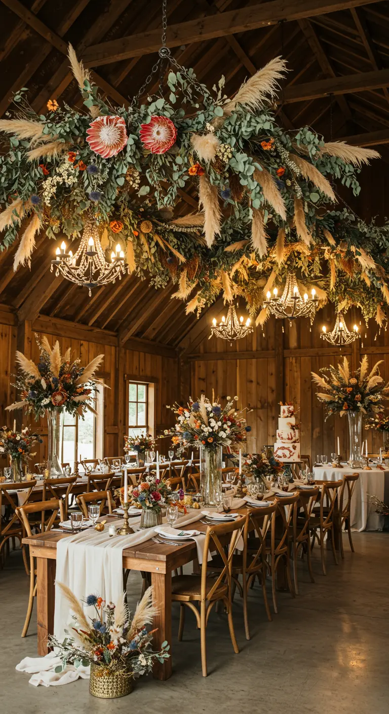 Intérieur de grange avec lustre floral géant, hauts vases fleuris, tables en bois et chaises rustiques.