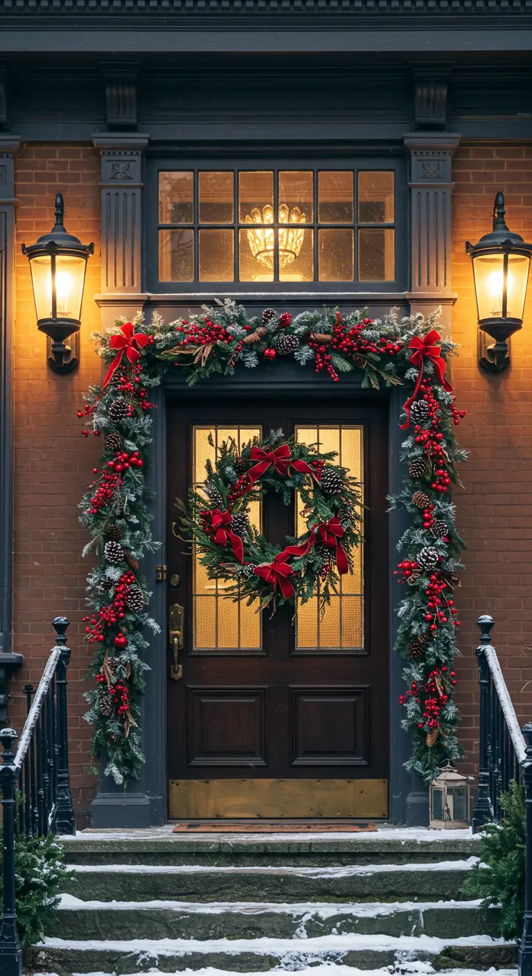 Grande porte en bois décorée de guirlandes et couronne riches en baies, pommes de pin et rubans.