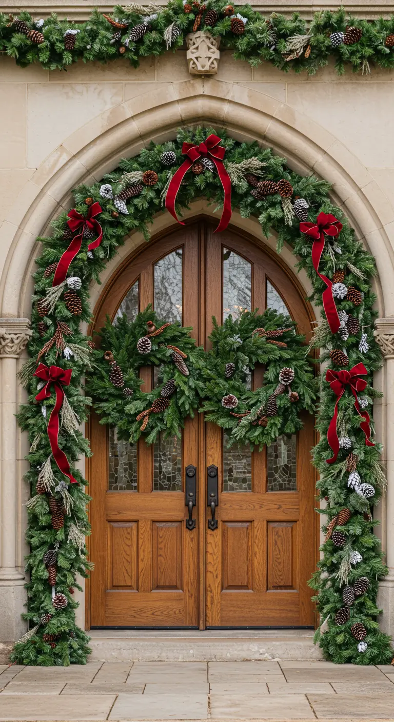 Grande porte arquée décorée de guirlandes luxuriantes, deux couronnes et rubans rouges.