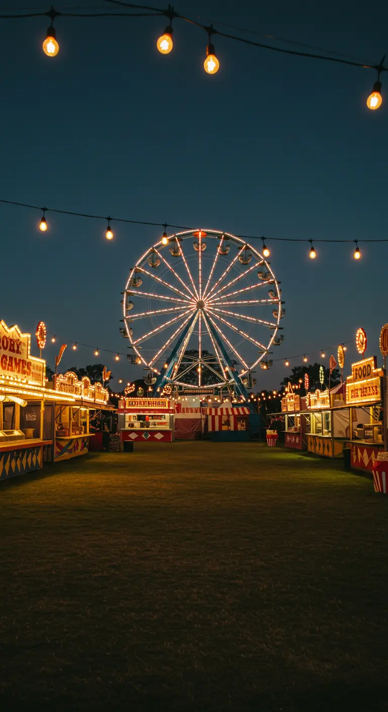Fête foraine nocturne avec une grande roue illuminée au centre et des stands de jeux et de nourriture éclairés.