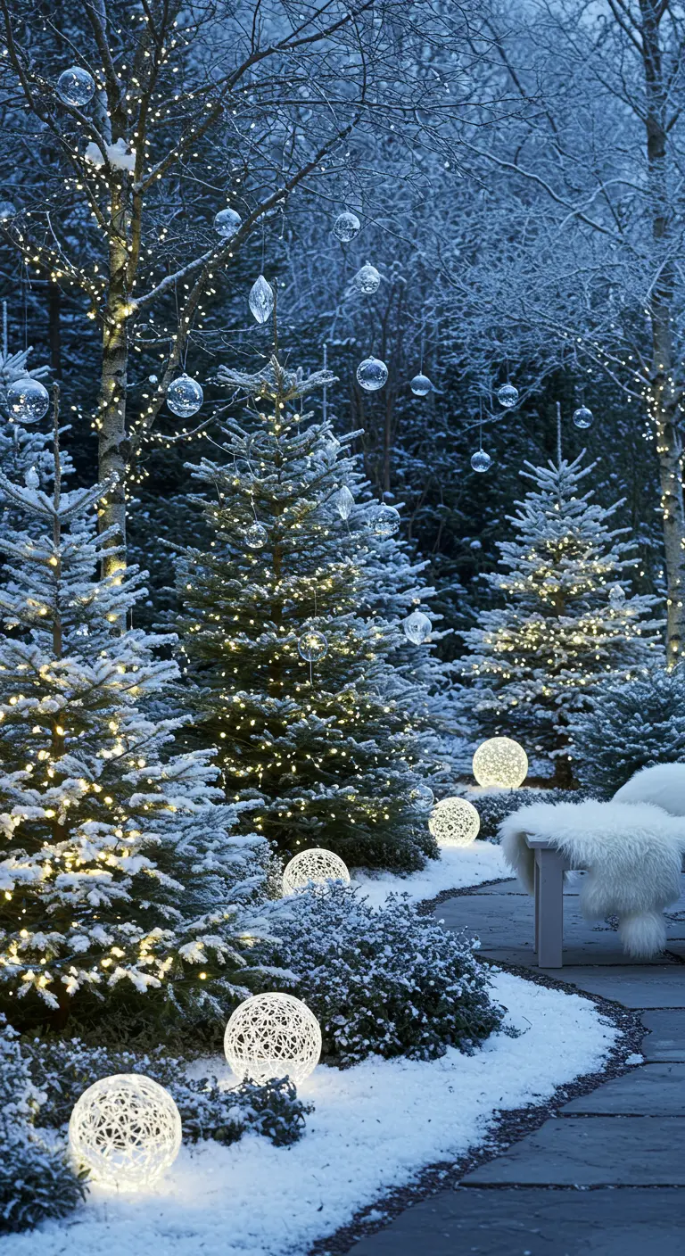 Paysage enneigé avec sapins lumineux, boules transparentes suspendues et sphères lumineuses au sol.