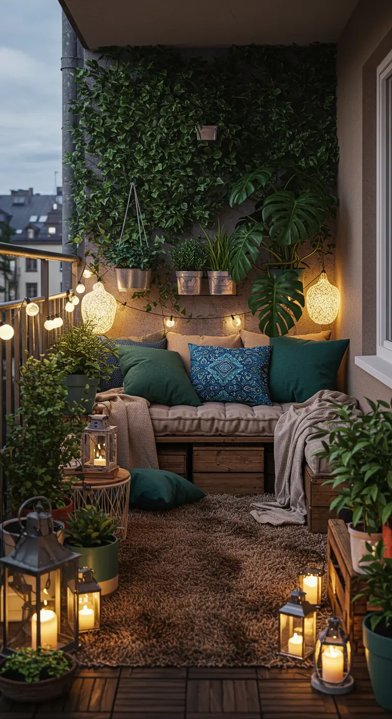 Balcon enchanté le soir avec mur végétal, canapé, coussins bleus et verts, nombreuses lanternes.