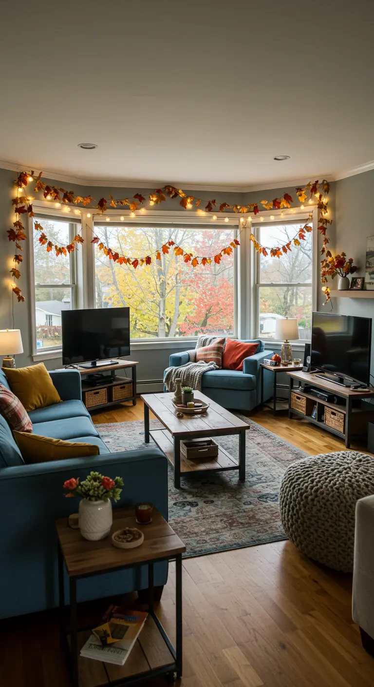 Salon lumineux avec une fenêtre en baie décorée de guirlandes de feuilles d'automne.