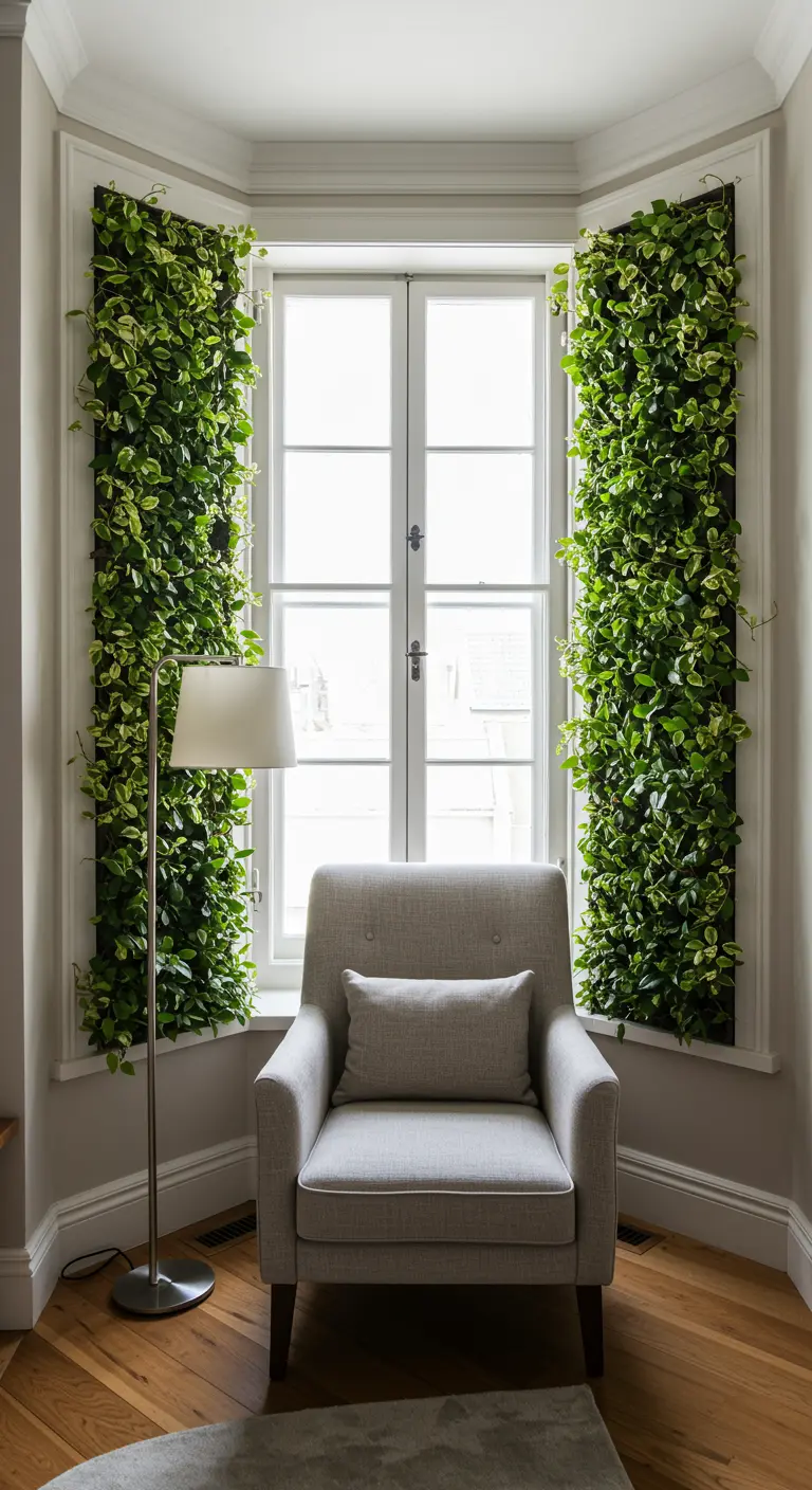 Panneaux végétaux encadrant une fenêtre avec des plantes vertes luxuriantes.