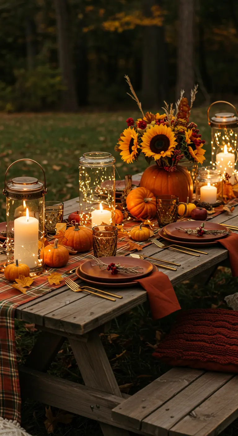 Pique-nique d'automne en extérieur avec nappe à carreaux, citrouilles, tournesols et bocaux lumineux.