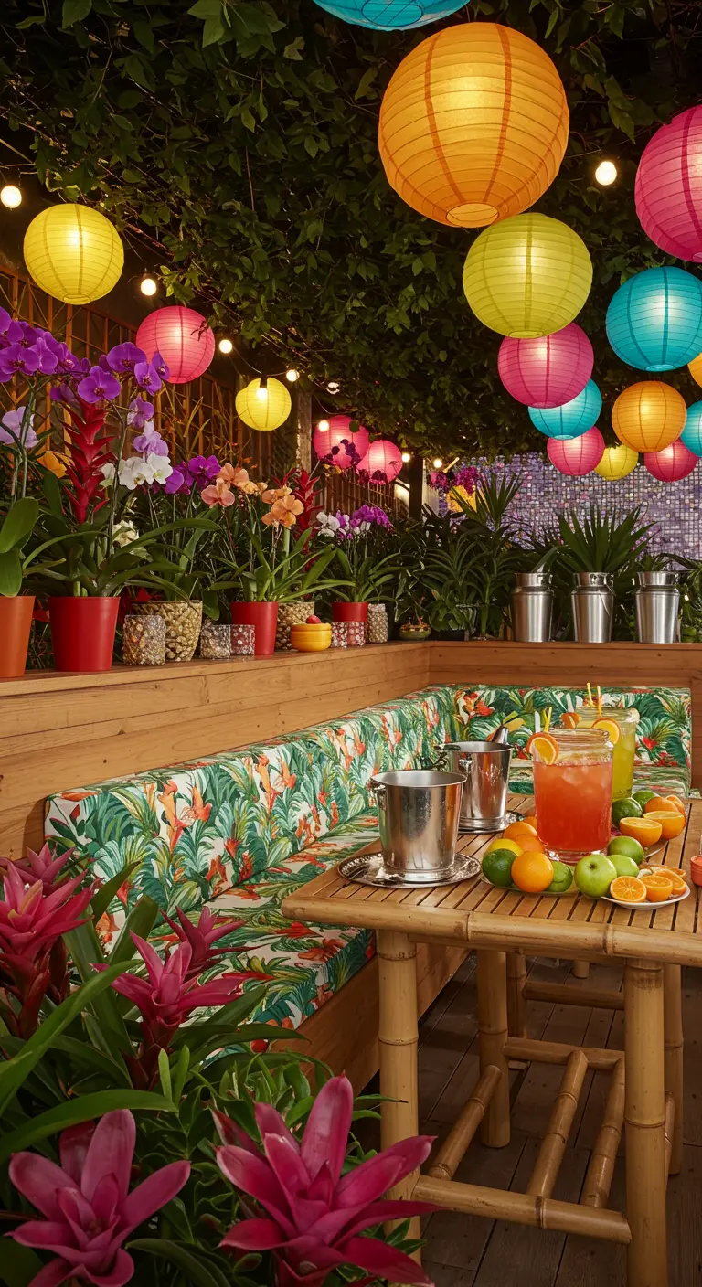 Balcon festif avec banquette bambou, plantes, cocktails et lanternes multicolores.