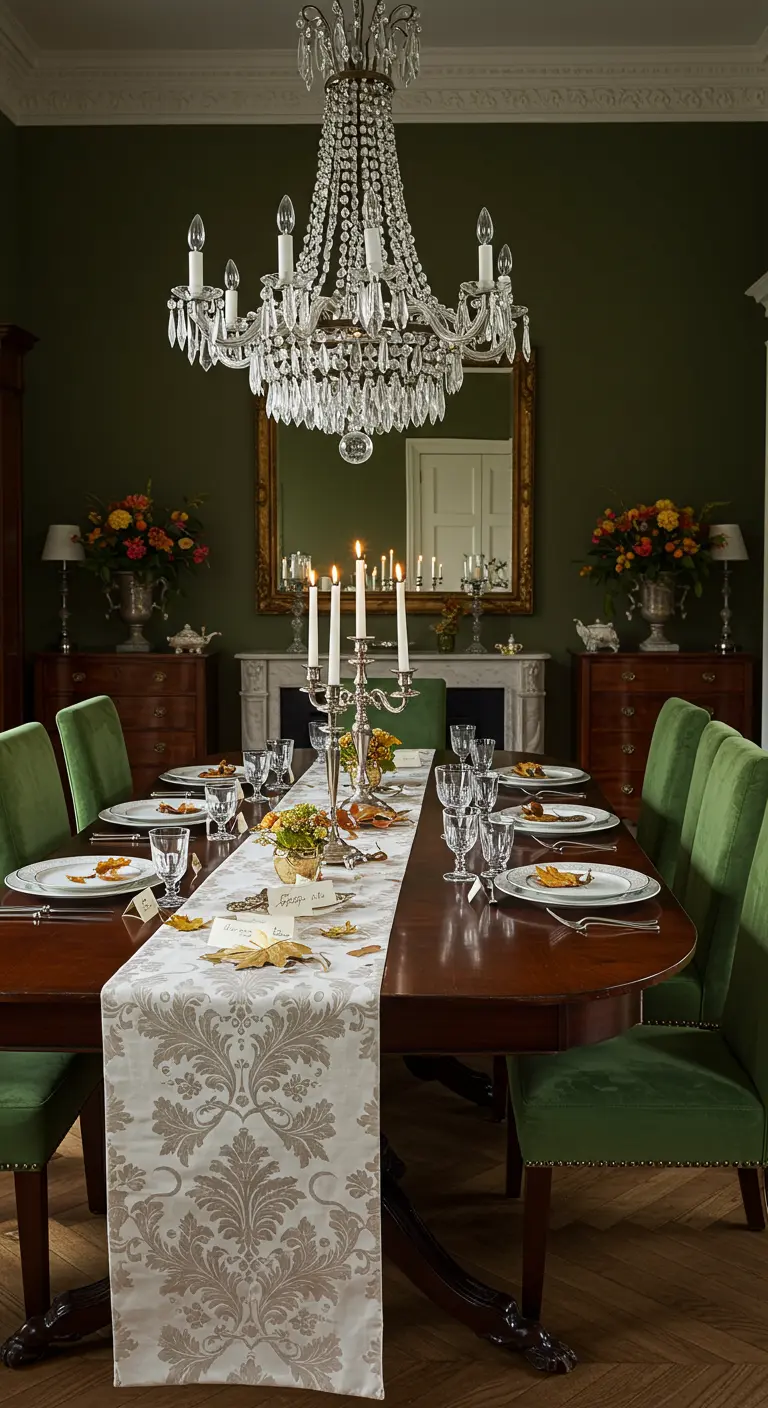 Longue table de salle à manger classique avec un chemin de table damassé et un grand chandelier.