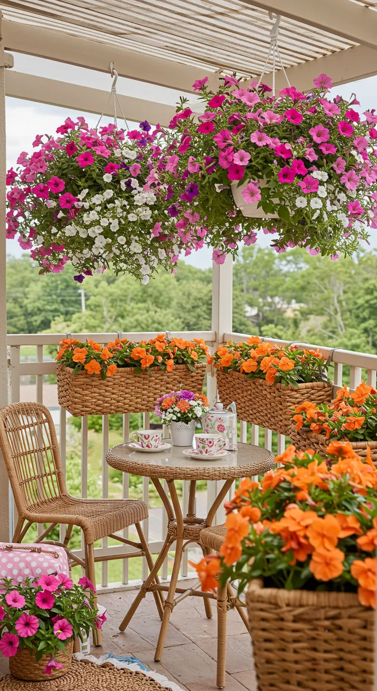 Balcon traditionnel avec table bistrot, suspensions de pétunias et jardinières éclatantes.