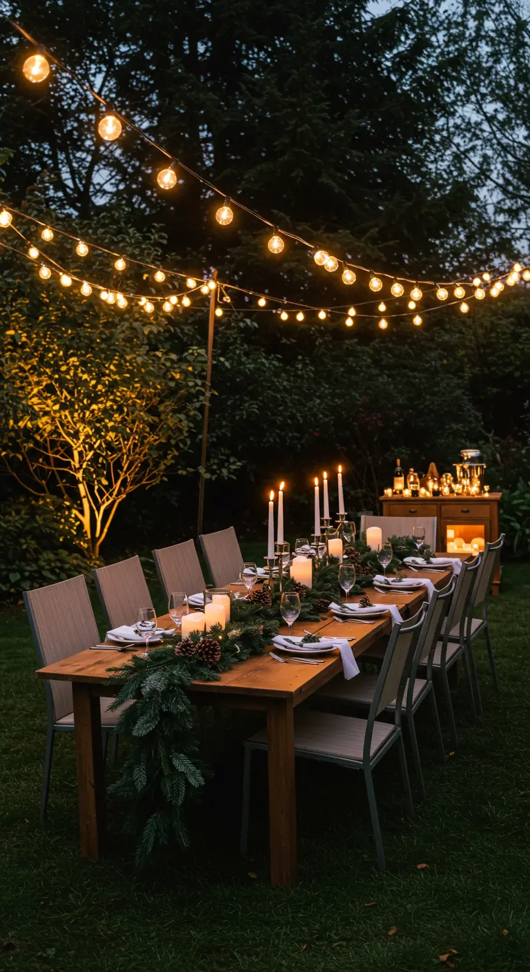Longue table de réception extérieure dressée avec une guirlande de sapin, bougies, et des guirlandes lumineuses suspendues au-dessus.
