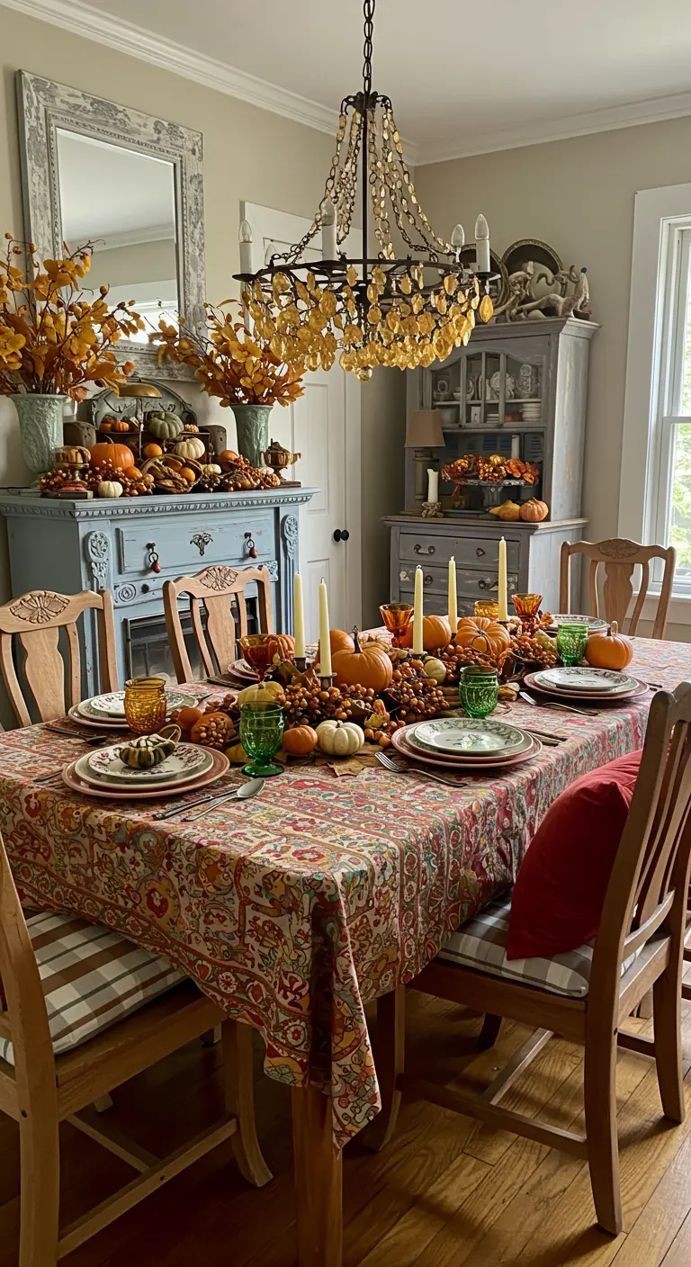 Table rustique recouverte d'une nappe à motifs, abondance de citrouilles et de bougies.