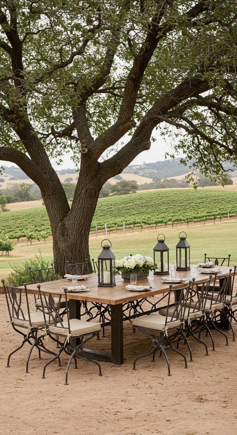 Grande table de ferme en bois et fer forgé sous un arbre, avec chaises et lanternes, vue vignoble.