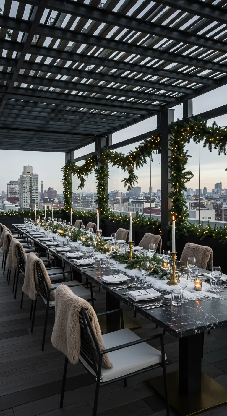 Terrasse sur le toit avec longues tables, guirlandes lumineuses et plaids en fausse fourrure.