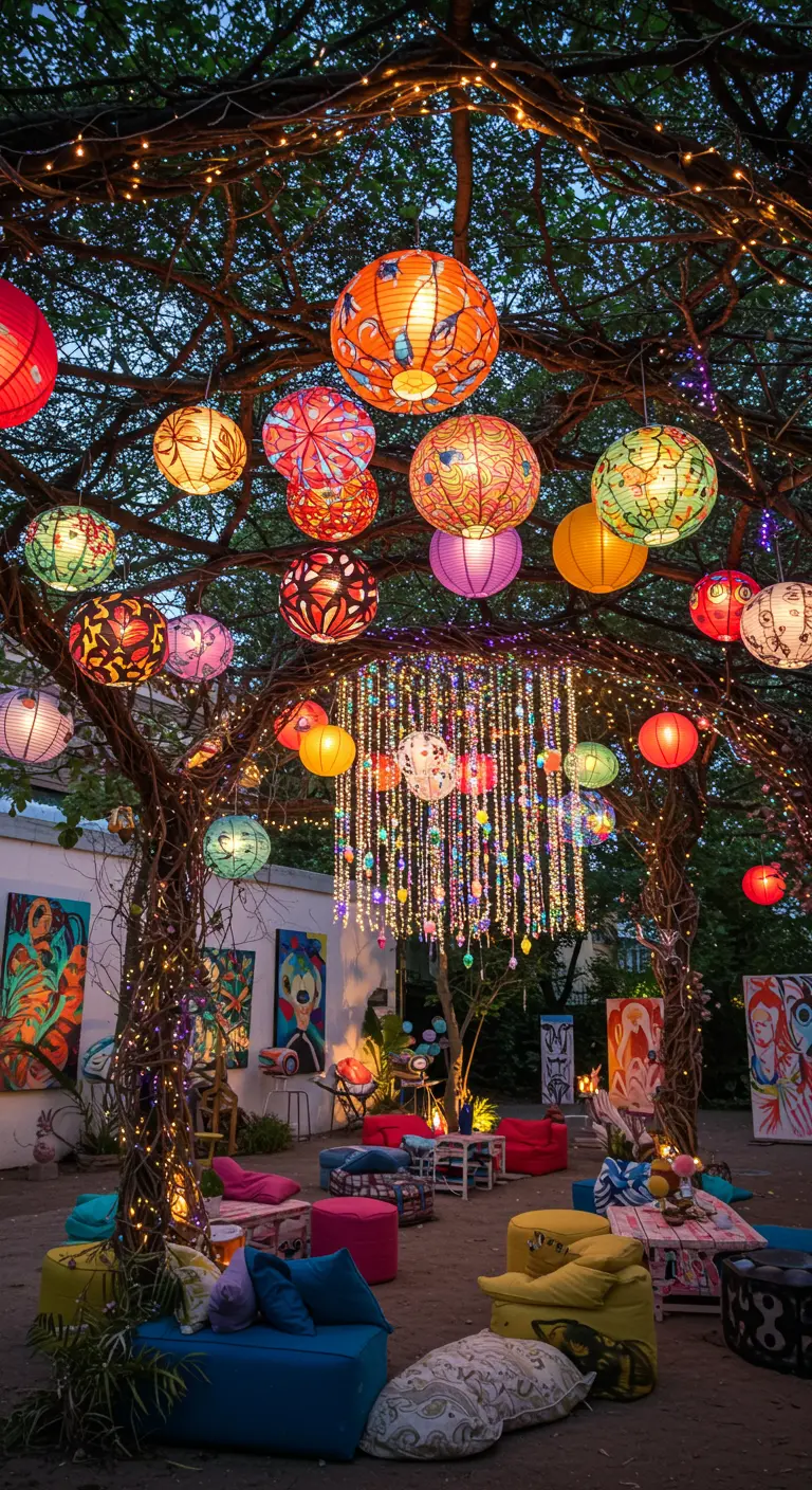 Espace extérieur éclectique et artistique avec de nombreux lampions colorés et guirlandes lumineuses.