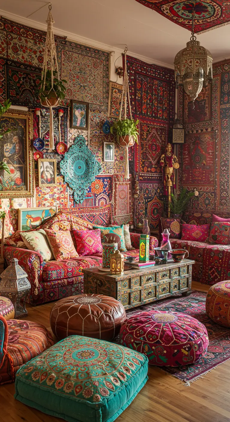 Salon bohème maximaliste avec murs recouverts de tapis et tentures, poufs colorés et coussins brodés.