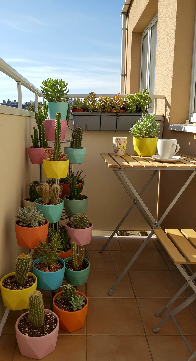 Balcon coloré avec succulentes et cactus dans des pots arc-en-ciel sur un support étagé, table pliante.