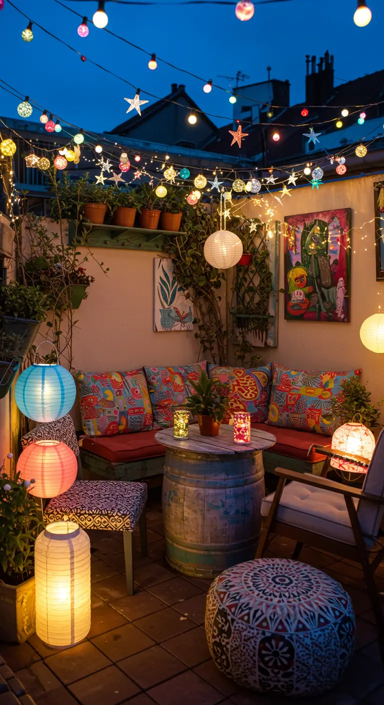 Terrasse colorée avec multiples guirlandes lumineuses, lampions, coussins et œuvres d'art murales.
