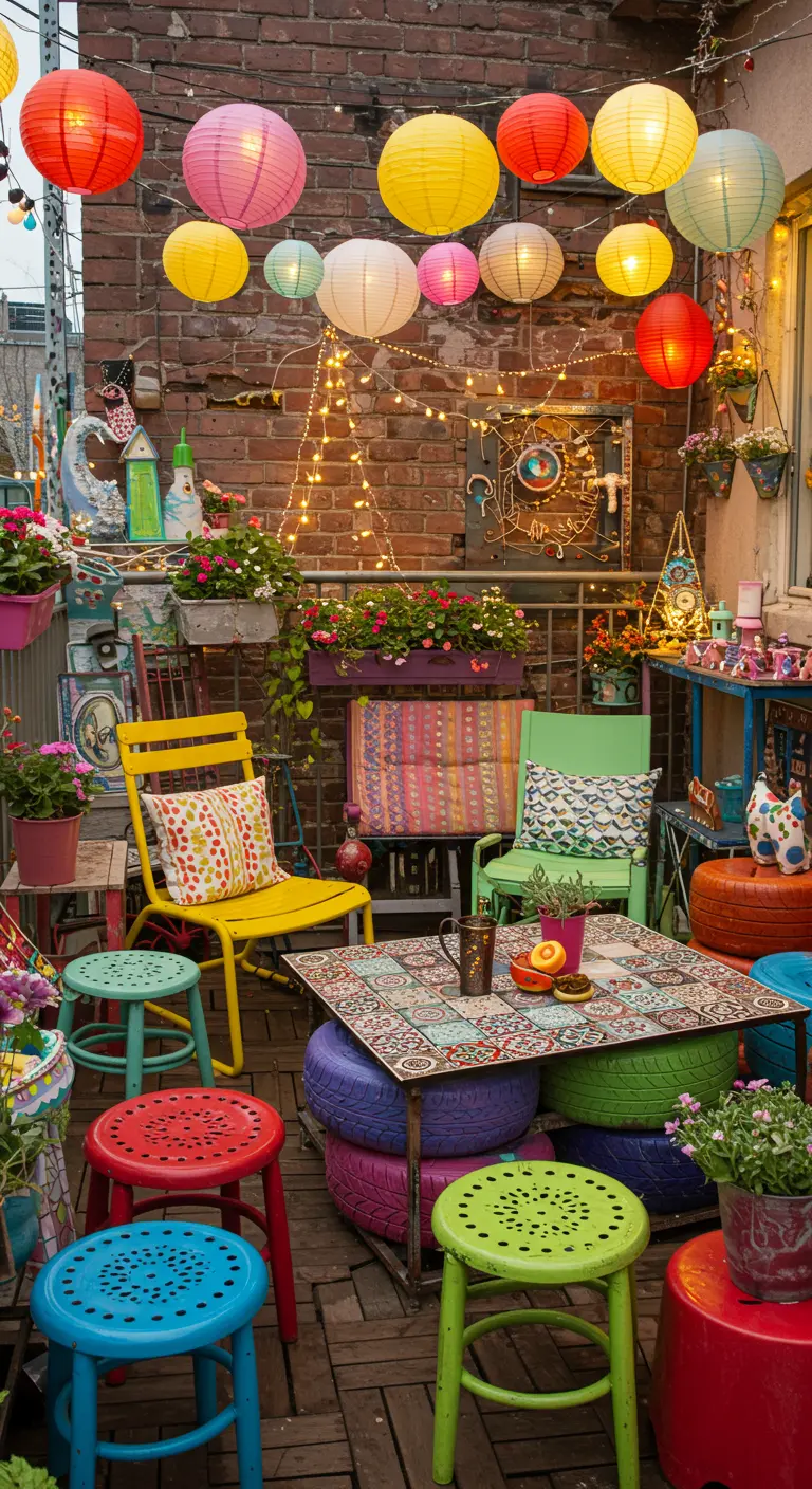 Patio coloré, lampions, guirlandes, tabourets peints, table mosaïque sur pneus.