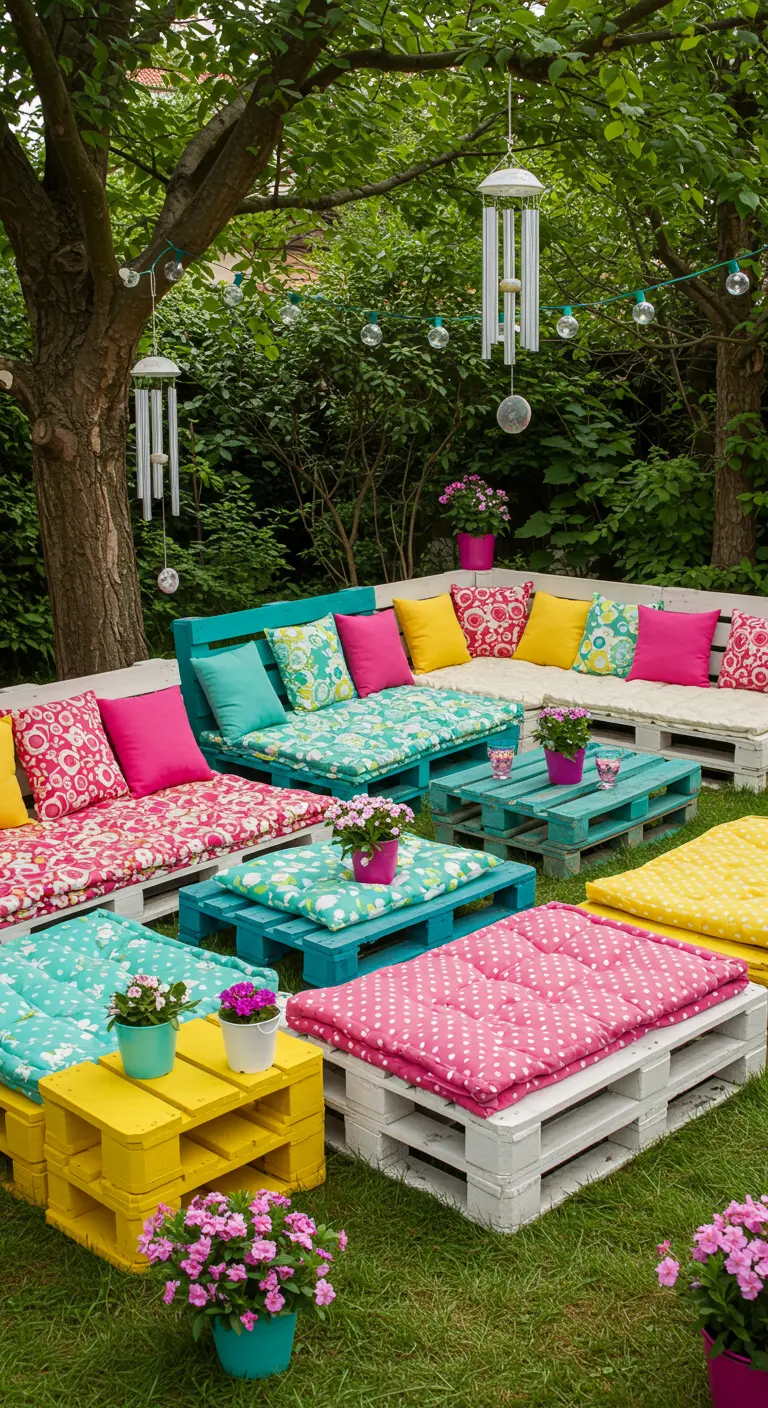 Salon de jardin multicolore en palettes peintes avec coussins vifs et décorations lumineuses.
