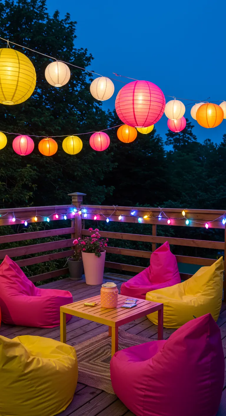 Deck coloré avec poufs roses et jaunes, table basse, guirlandes multicolores et lampions variés.