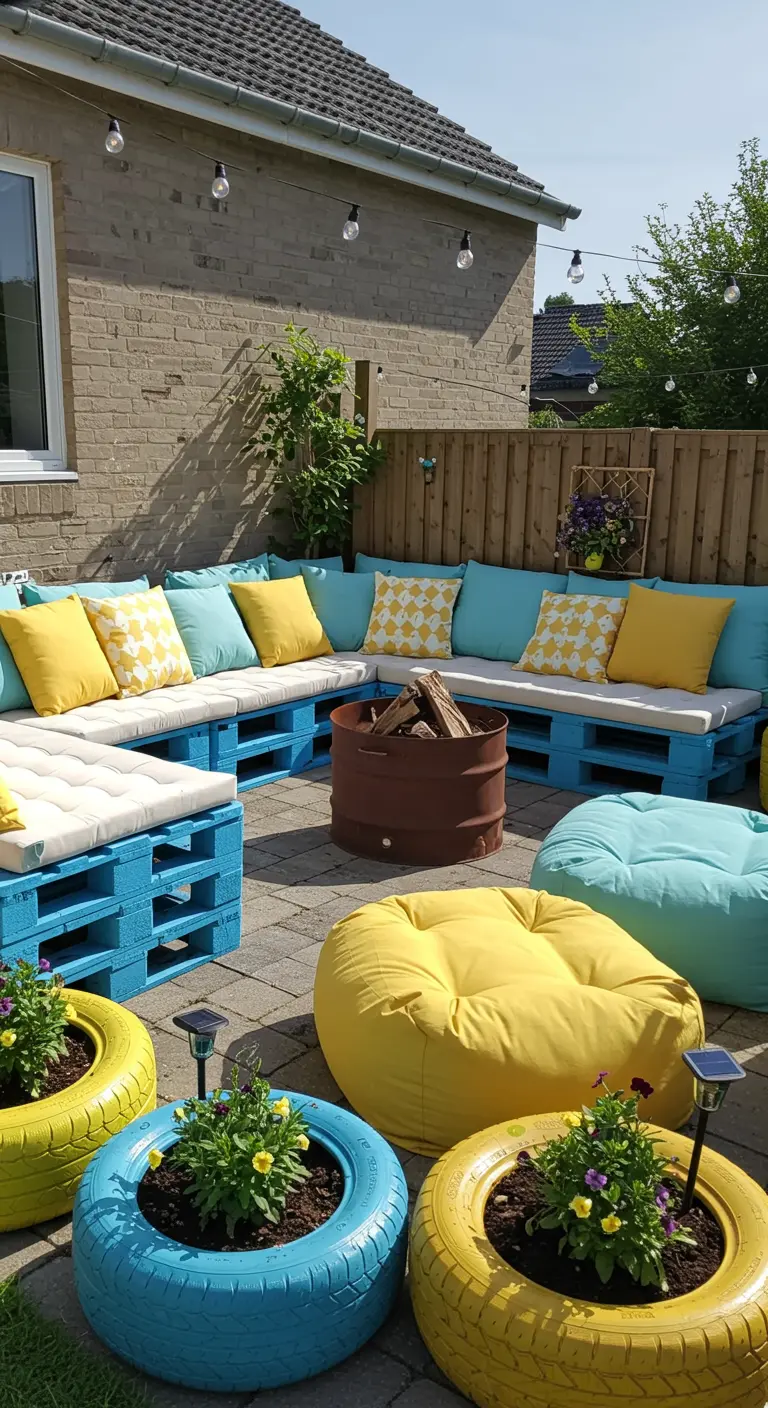 Salon de jardin palettes bleues, coussins blancs/jaunes, brasero, poufs colorés et pneus jardinières.