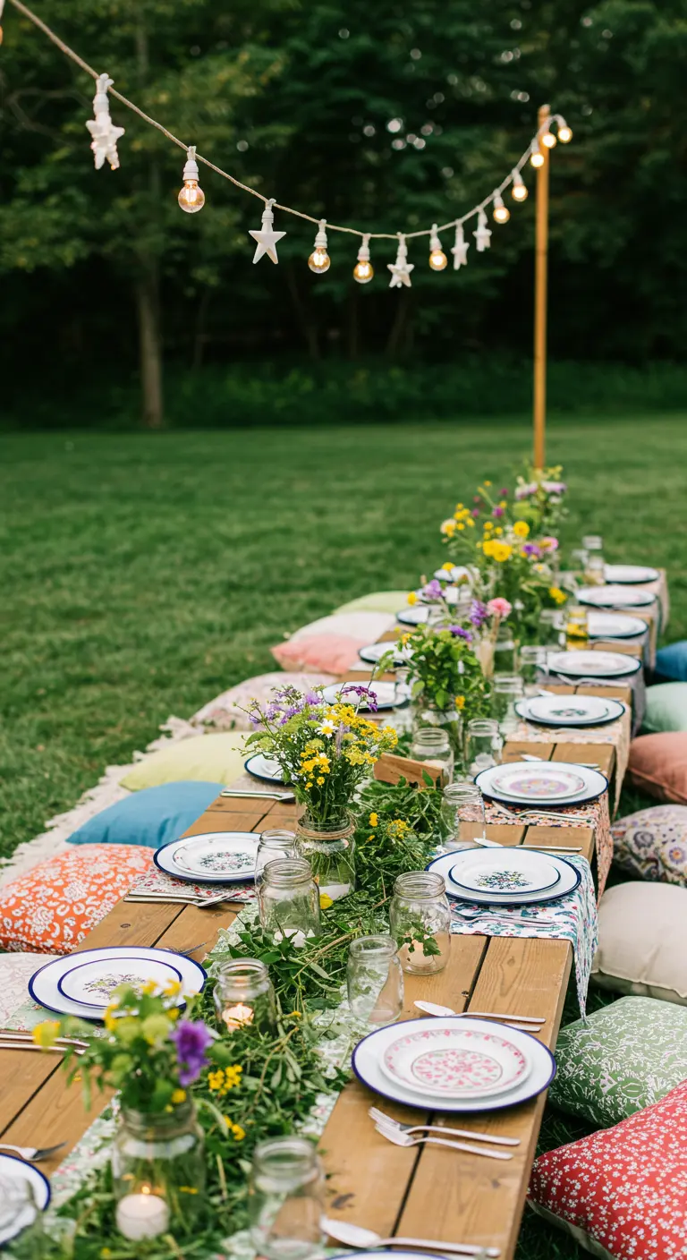 Table basse en bois avec coussins au sol, bouquets de fleurs et bougies en bocaux, guirlandes lumineuses.