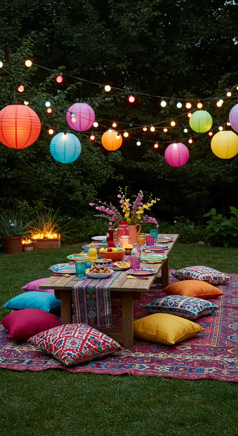 Fête de jardin bohème avec guirlandes, lampions colorés, table basse et coussins.